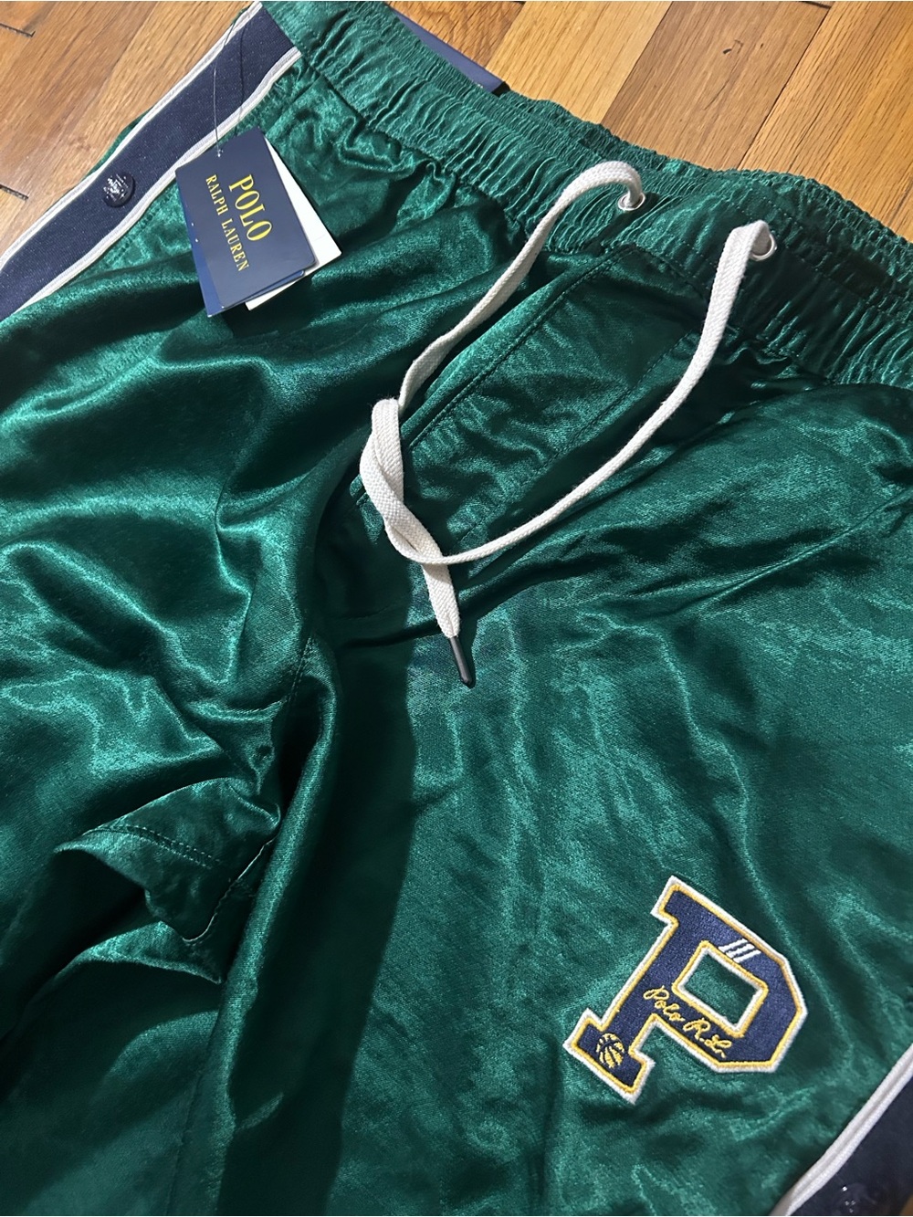 Polo by Ralph Lauren Emerald Green Satin Athletic Shorts with White Drawstring